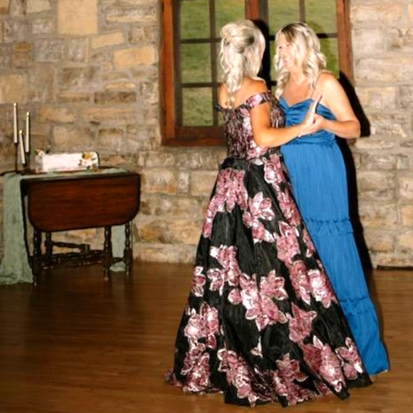 Jovani Black Off the Shoulder Sequin Floral Dress Mother of Bride Flare Luxury - Picture 14 of 16